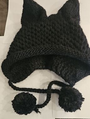 Kids Black Knit Cat Ear Pom Pom Hat